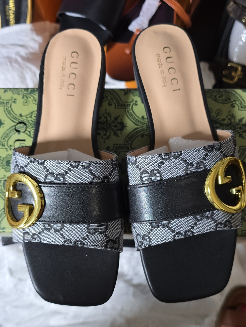 Gucci Black & Gray GG Canvas Slide Sandals with Gold GG Accent